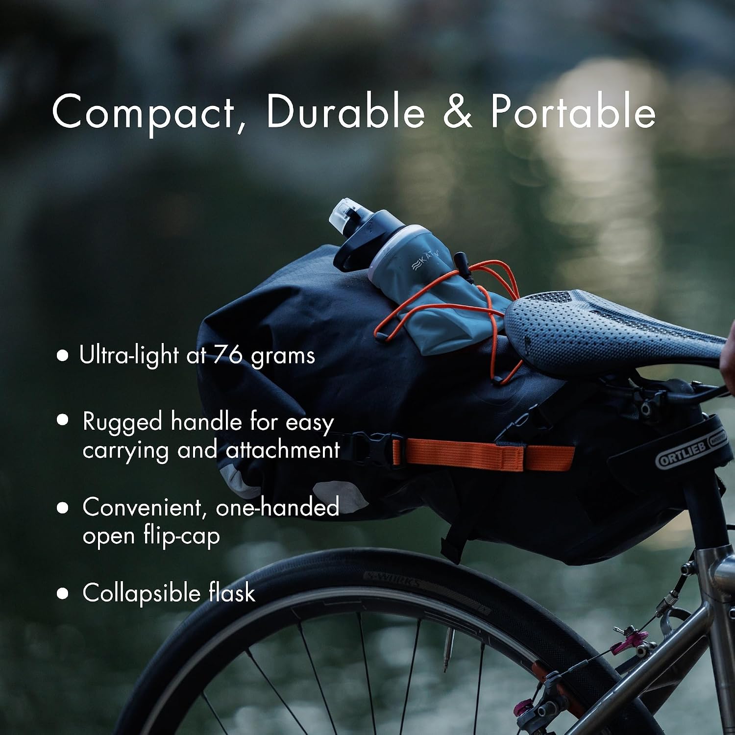 Competitor image showing a bottle on a bicycle saddle bag with an outdoor background