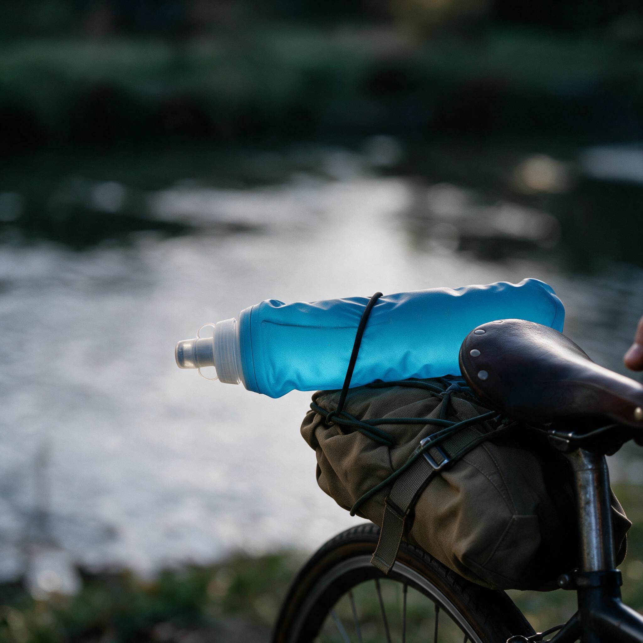 The blue bottle resting horizontally on the saddle bag with visible support and a cord across its body